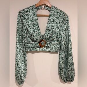 Elegant Green Floral Blouse with Buckle Detail